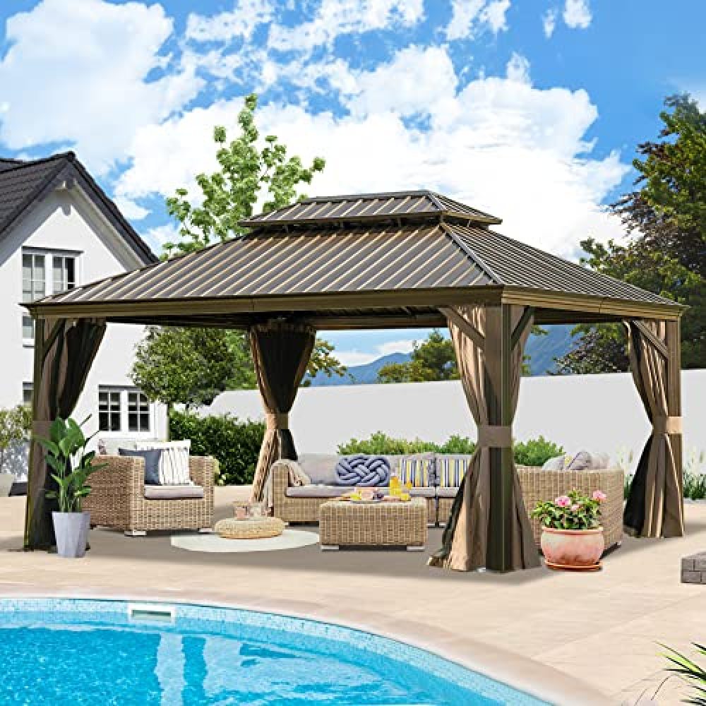 12' x 16' Hardtop Gazebo Outdoor Aluminum Gazebos Grill with Galvanized Steel Double Canopy for Patios Deck Backyard,Curtains&Netting