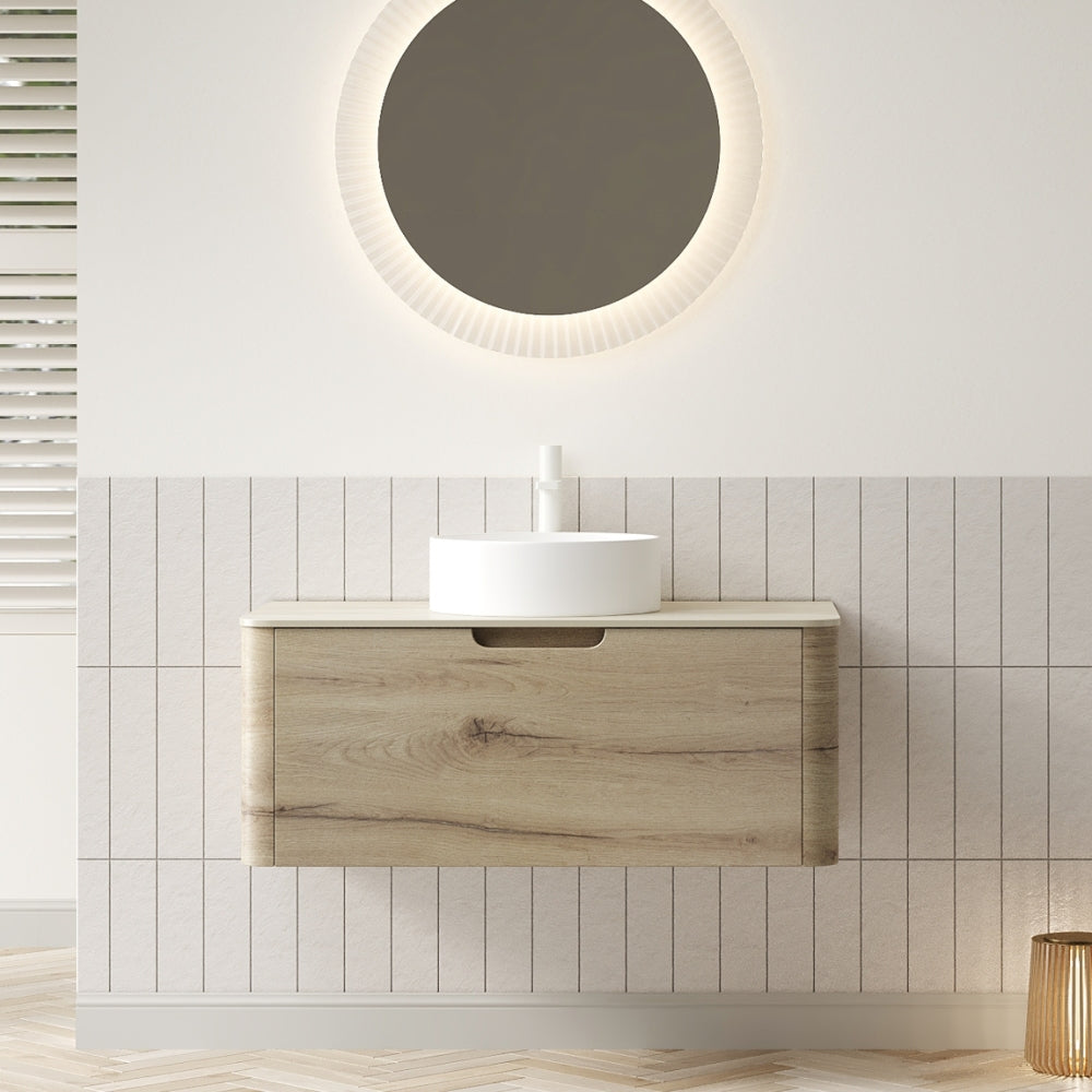 XAI 36" Bathroom Vanity with Sink, Floating Plywood Storage Cabinet with Drawer, Transparent Round Glass Basin and Roma Travertine-Pattern Sintered Stone Top, Pre-assembled, White Oak Woodgrain Color