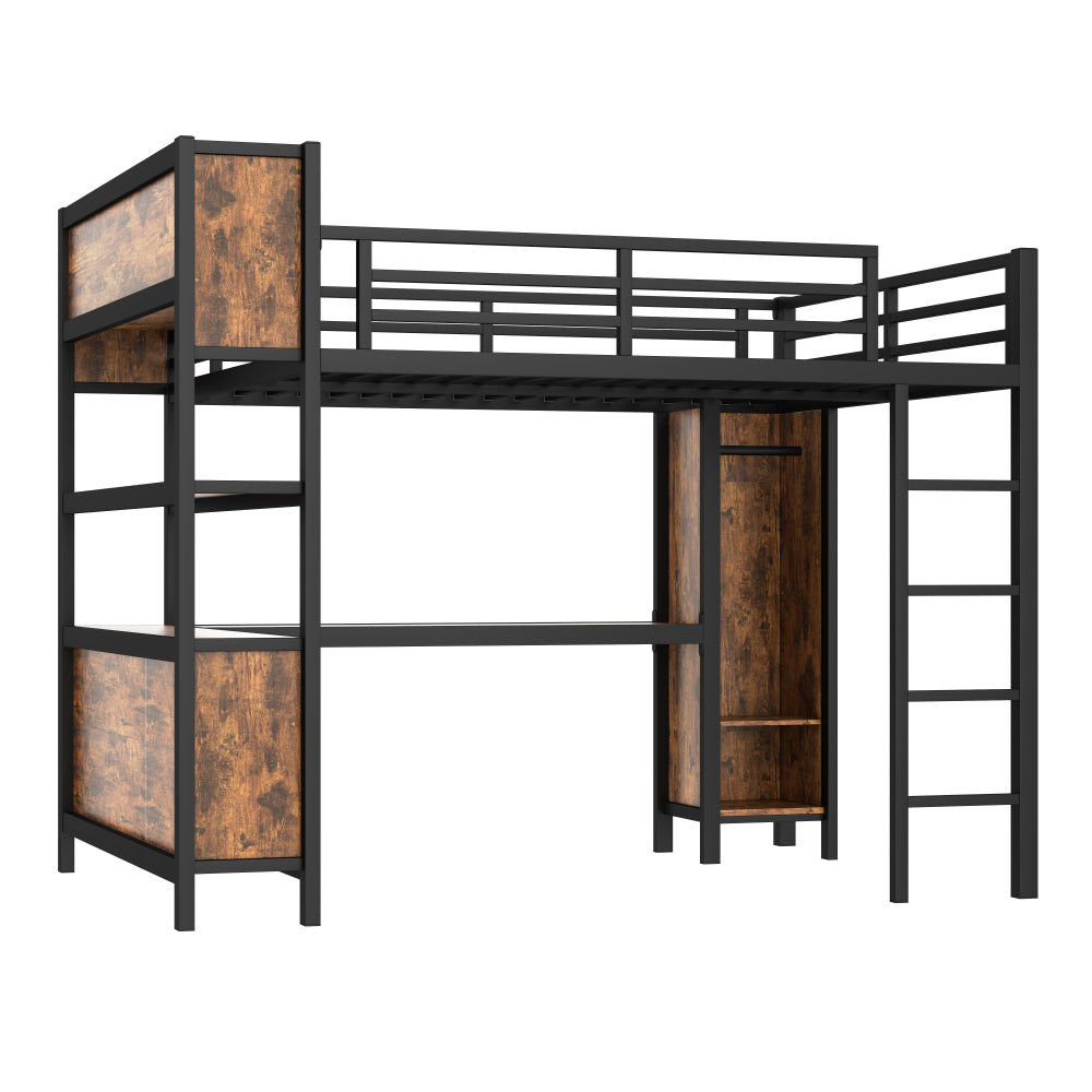 Metal Loft Bed with Wardrobe And L-shaped Desk, Queen Size Loft Bed with Storage Cubes and Shelves, Heavy Duty Loft Bed for Kids Teens Adults, Black Woodgrain