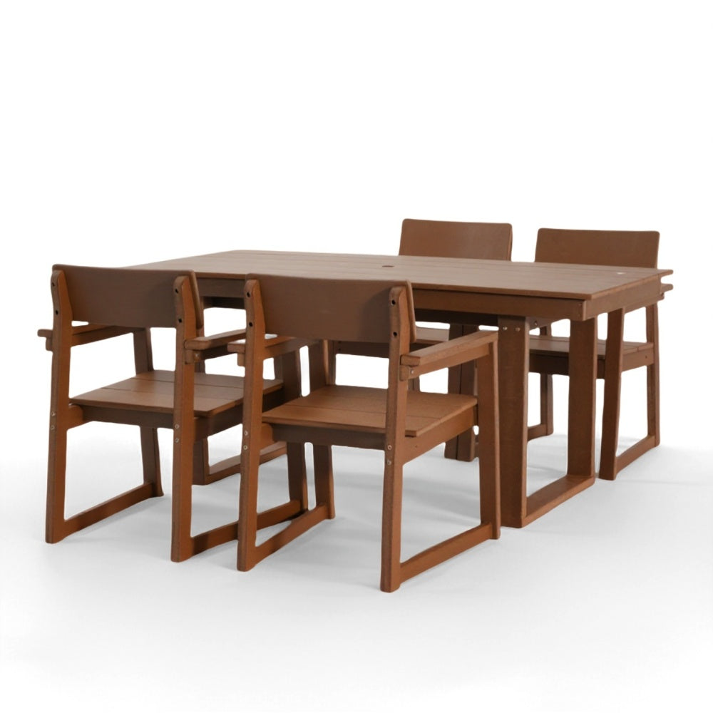 5-Piece HDPE Outdoor Dining Set for 4 – Weather-Resistant Patio Table with Umbrella Hole and 4 Armrest Chairs, Durable Garden Furniture for Backyard, Lawn, Deck, or Poolside (Brown)