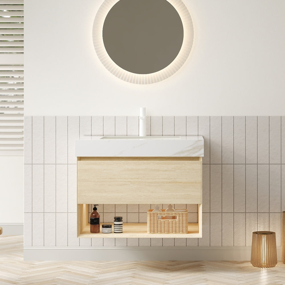 FRIGGA 48" Bathroom Vanity&Sink, Floating Plywood Storage Cabinet, Drawers&Shelf with Sensor Light, Ceramic Undermount Basin&Calacatta Gold Sintered Stone Top, Pre-assembled, Travertine Texture Finish