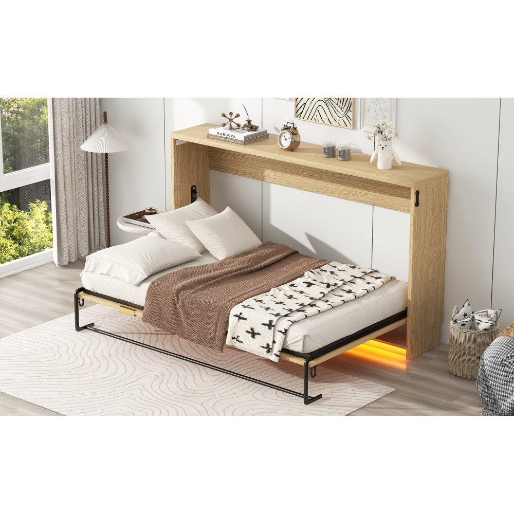 Twin XL Size Murphy Bed with LED Light, can be Folded into a Cabinet, Natural