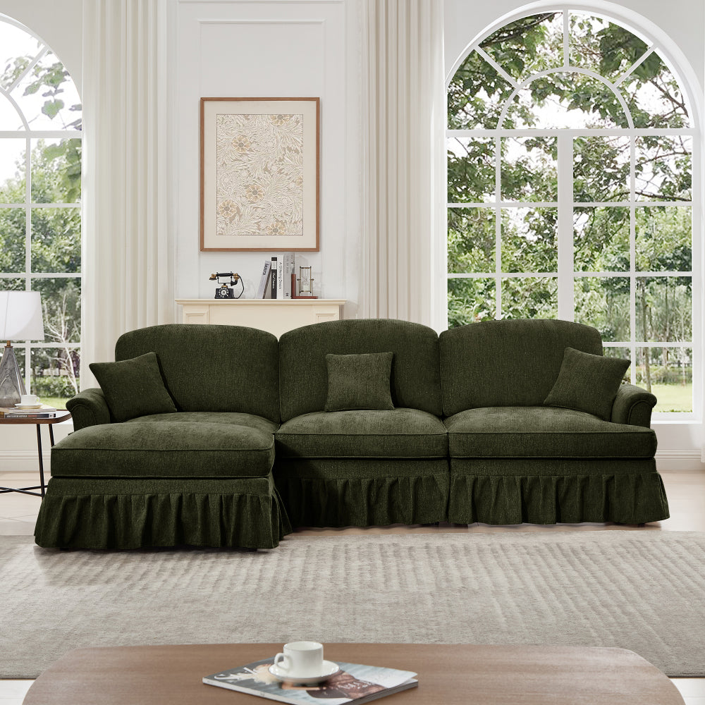Mid Century Three Seater Modular L Shaped Sectional Couch with Flared Arms and Removable Ruffles Pleats Skirts and Spindle Legs, Comfy Chenille 3-Seat Deep Seat Sofa with Movable Ottoman,Blue