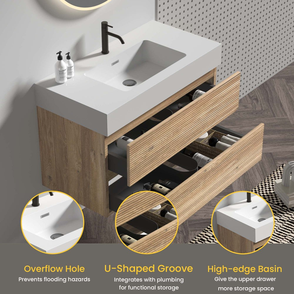 Grace 36" Rough Oak+Rough Oak Bathroom Vanity with White Engineered Quartz Sink and Soft Drawers, Wall Mounted Floating Bathroom Vanity for Modern Bathroom, One-Piece White Glossy Basin, KD