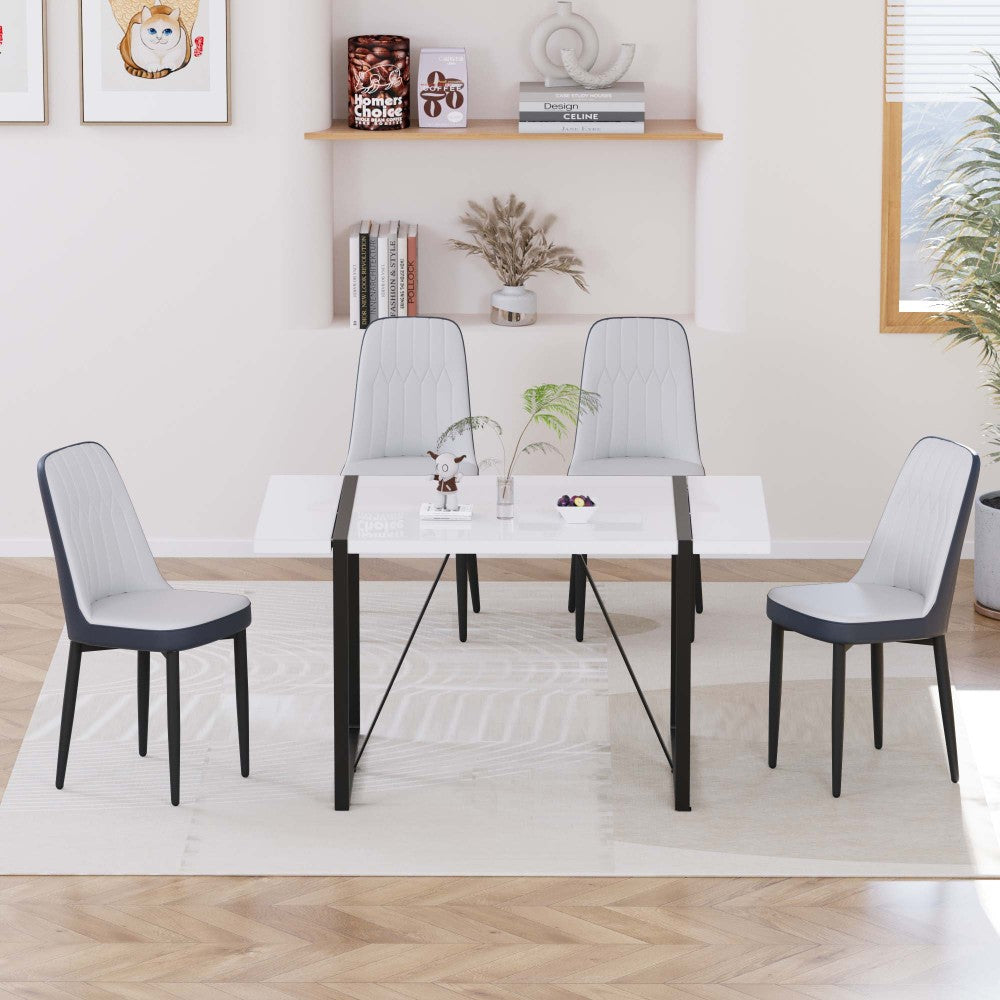 55 "4-person modern MDF dining table set, kitchen black metal leg dining table and chair set, industrial rectangular white tabletop and dining room thick padded PU dining chairs