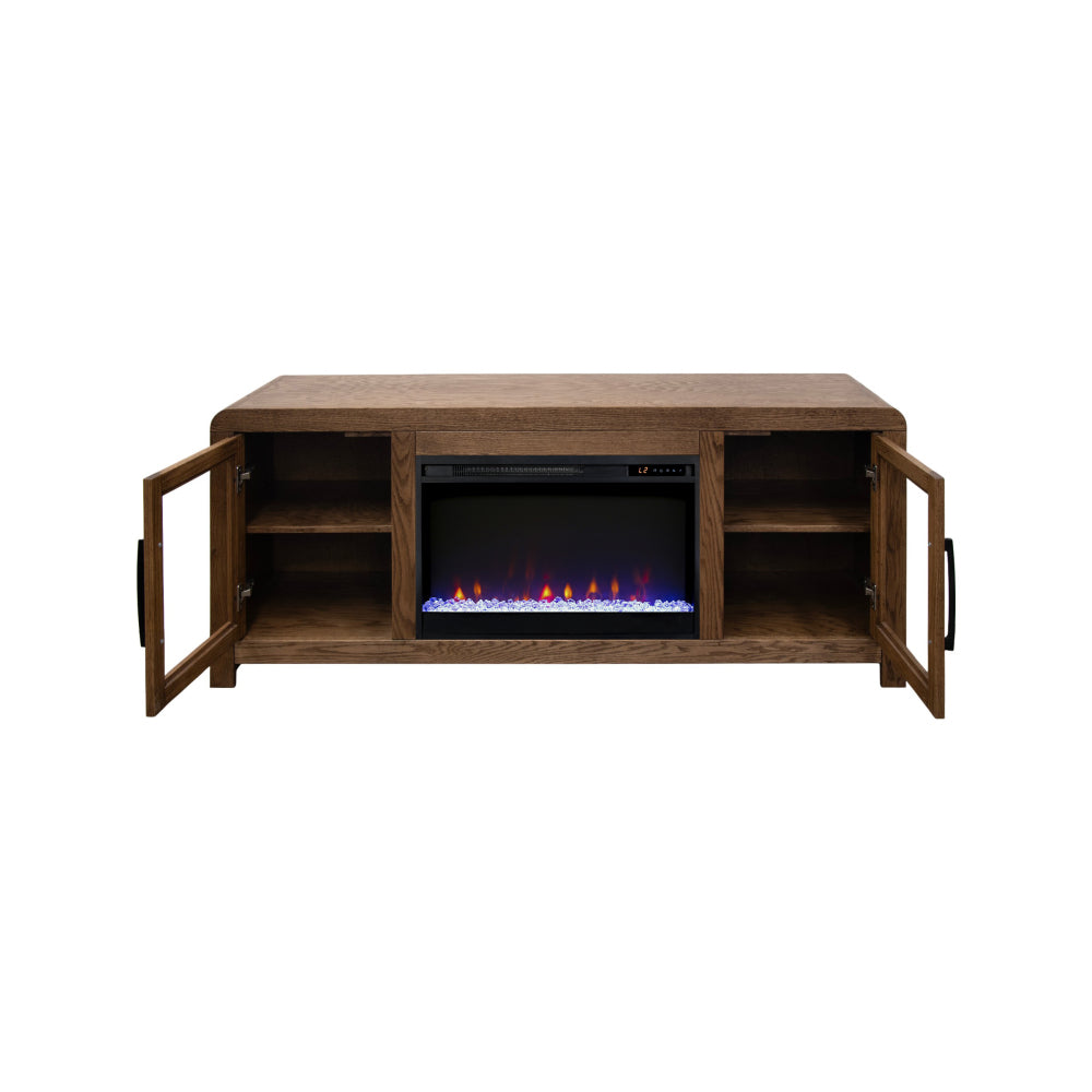 Haven 65 inch Fireplace TV Stand with Glass Doors, for TVs up to 75 inches, Minimal Assembly, Oak Bourbon Finish