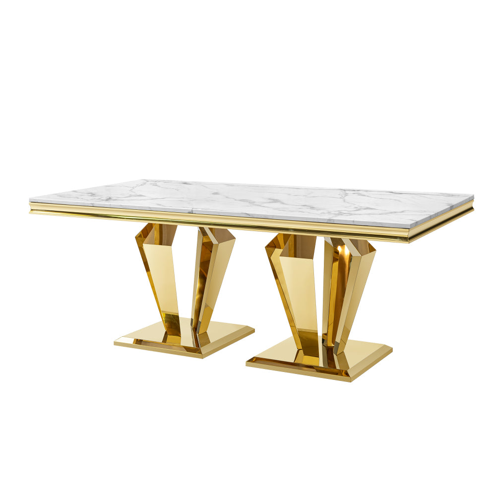 MDF Marble Top Dining Table Rectangular 70.07" L x 34.64" W x 29.92" H Gold Polished Stainless Steel Base