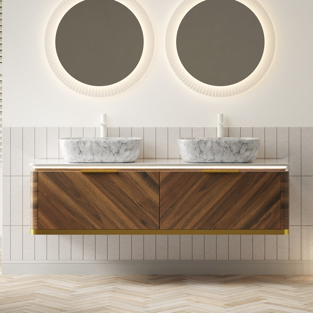 DIPA 36" Bathroom Vanity&Sink, Floating Plywood Storage Cabinet with Sensor Light, Drawer, Stone Pattern White Round Ceramic Vessel Basin&Sintered Stone Top, Pre-assembled, Dark Walnut Woodgrain Color
