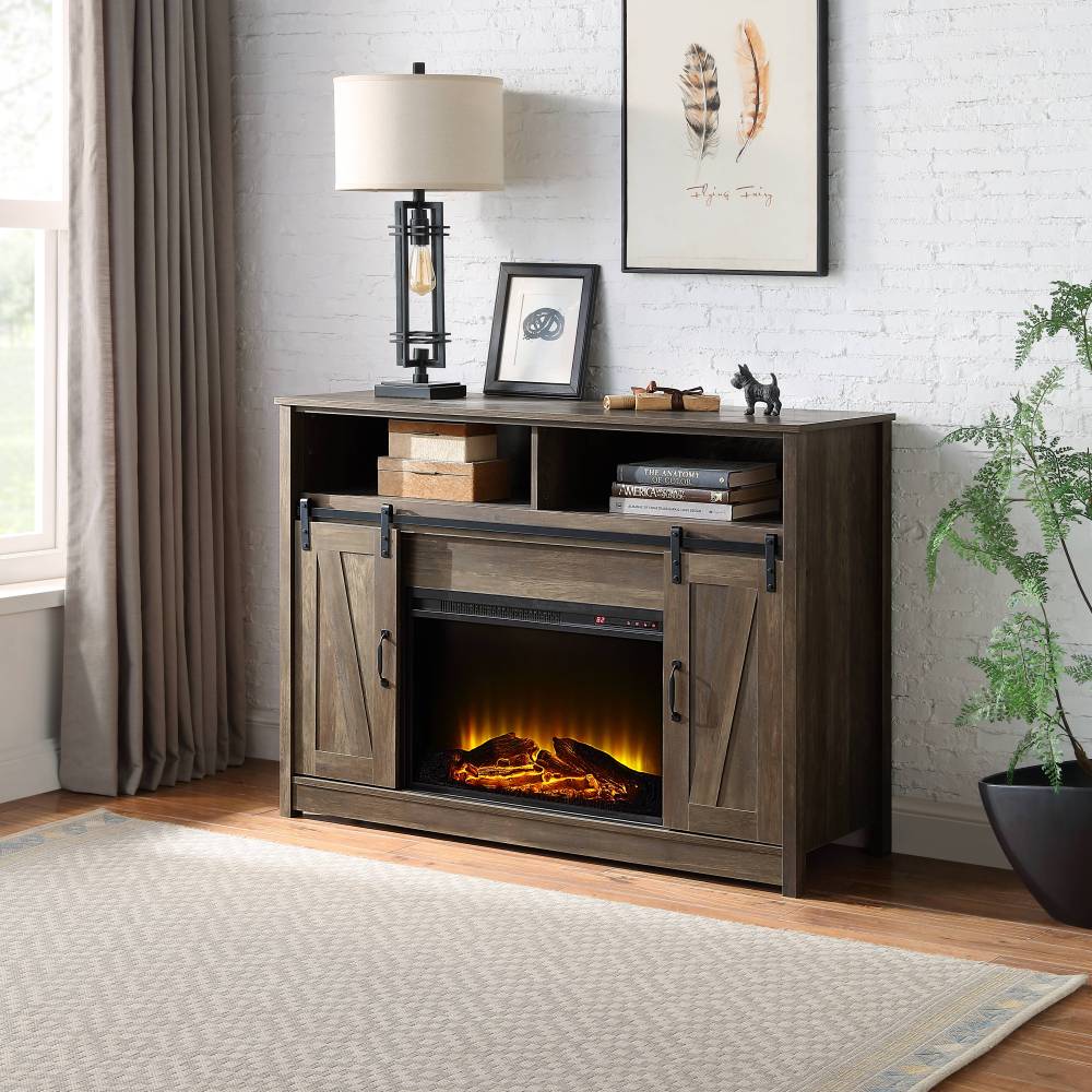 Tobias Rustic Oak Finish Fireplace with 2 Storage Drawers