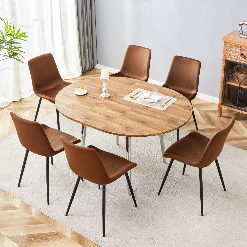 Table and chair set.With a Expandable mechanism,the Wood Grain MDF table top and silver metal legs and has a smooth surface.Paried With 6 chairs with soft suede cushions and black metal legs.