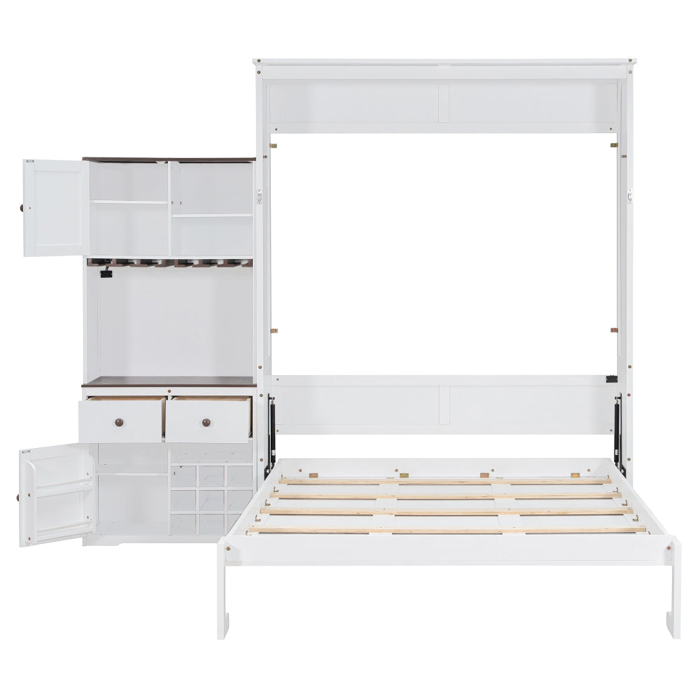 Queen Size Murphy Bed with Storage Cabinet, Wine Rack, Glass Holder, Drawers and Multi-Color LED Strip, White