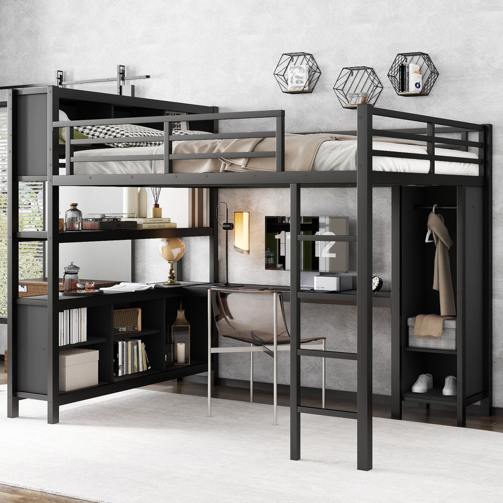 Metal Loft Bed with Wardrobe And L-shaped Desk, Queen Size Loft Bed with Storage Cubes and Shelves, Heavy Duty Loft Bed for Kids Teens Adults, Black Woodgrain