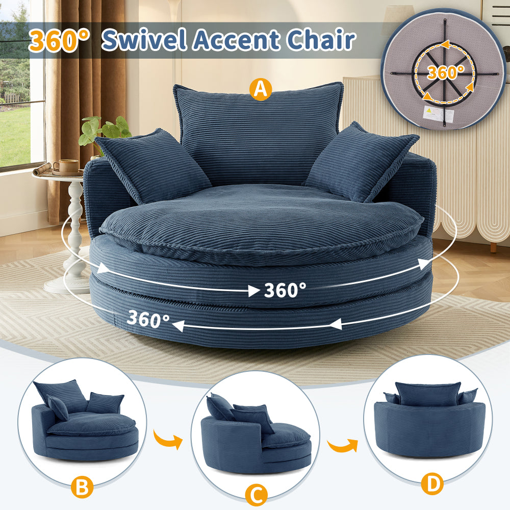 360° Swivel Sofa Chair Accent Barrel Chair 57.5" Swivel Round Chair with Dual-layer Cushion Design and 3 Removable Pillows for Living Room, Bedroom, Office and Hotel, Blue