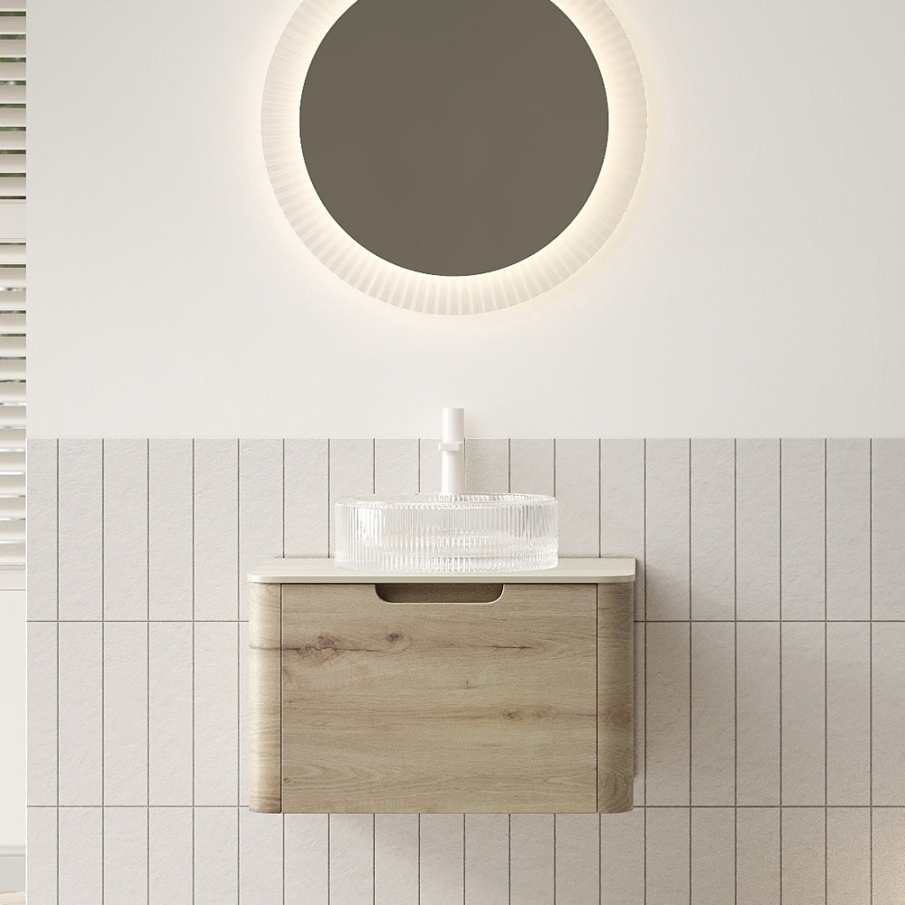 XAI 36" Bathroom Vanity with Sink, Floating Plywood Storage Cabinet with Drawer, Transparent Round Glass Basin and Roma Travertine-Pattern Sintered Stone Top, Pre-assembled, White Oak Woodgrain Color