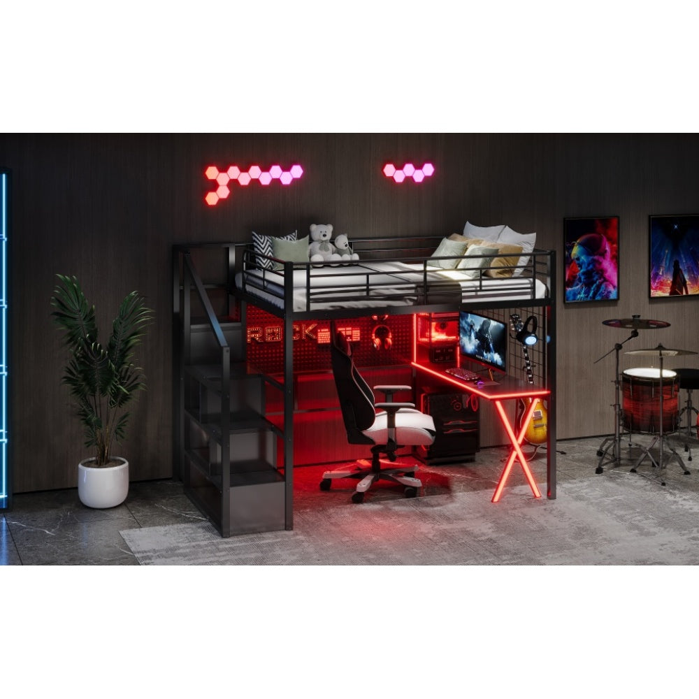 Full Size Metal Loft Bed with Built-in Work Station, Wardrobe, Storage Staircase and LED, Black