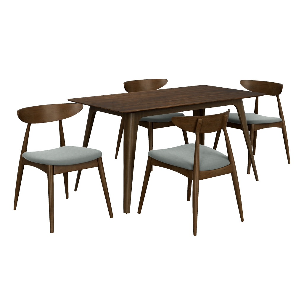 5-Piece Dining Table Set, 1 Table 4 Chairs, Rubberwood Frame, Ergonomic Backrest, Soft Cushioned Chairs, Walnut + Light Gray