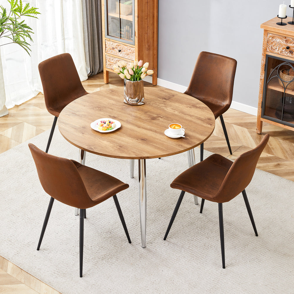 Table and chair set.With a Expandable mechanism,the Wood Grain MDF table top and silver metal legs and has a smooth surface.Paried With 6 chairs with soft suede cushions and black metal legs.