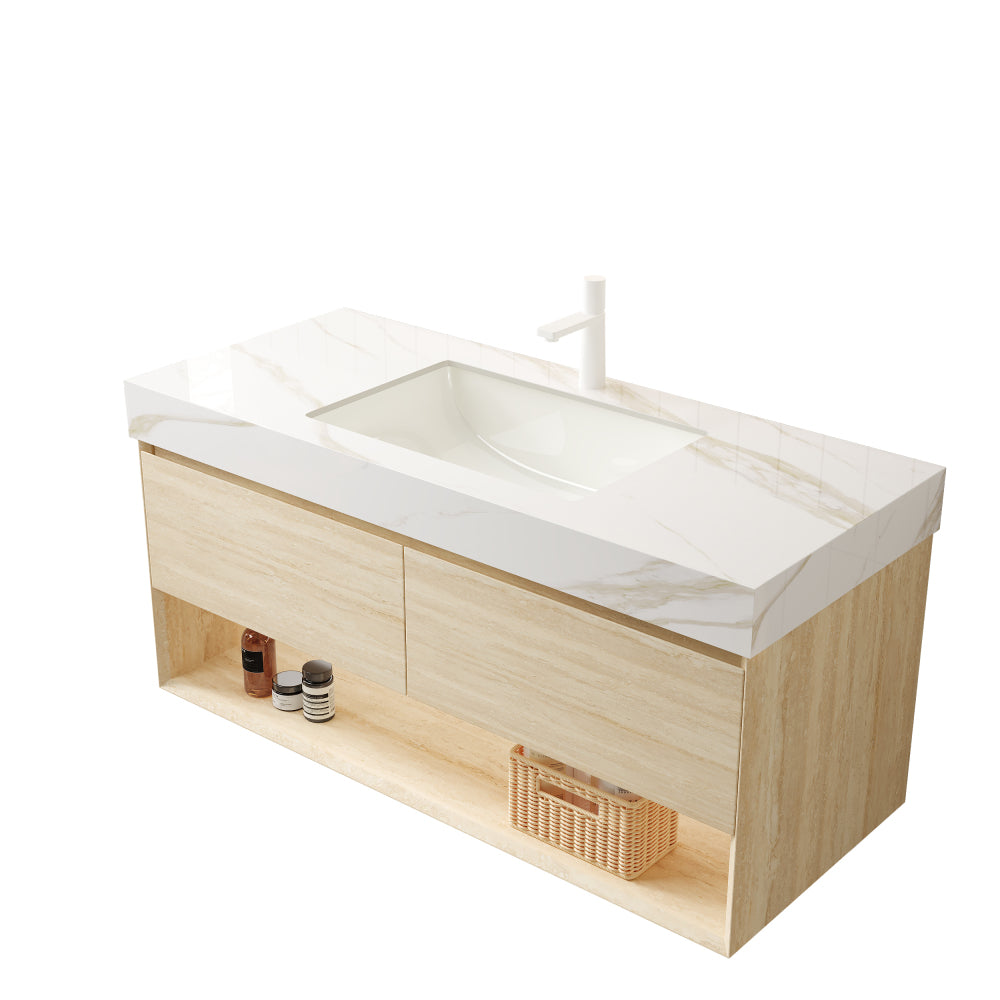 FRIGGA 48" Bathroom Vanity&Sink, Floating Plywood Storage Cabinet, Drawers&Shelf with Sensor Light, Ceramic Undermount Basin&Calacatta Gold Sintered Stone Top, Pre-assembled, Travertine Texture Finish