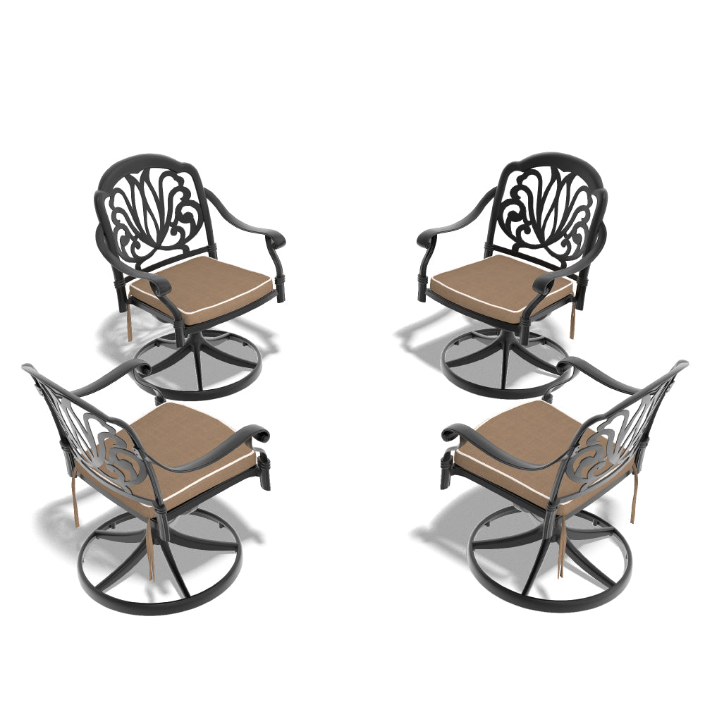 Cast Aluminum Patio Swivel Chair 4PCS With Black Frame and Brown Cushions