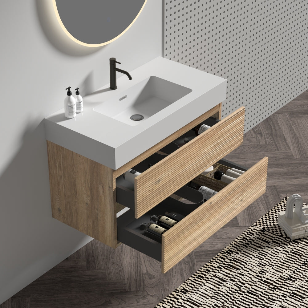 Grace 36" Rough Oak+Rough Oak Bathroom Vanity with White Engineered Quartz Sink and Soft Drawers, Wall Mounted Floating Bathroom Vanity for Modern Bathroom, One-Piece White Glossy Basin, KD