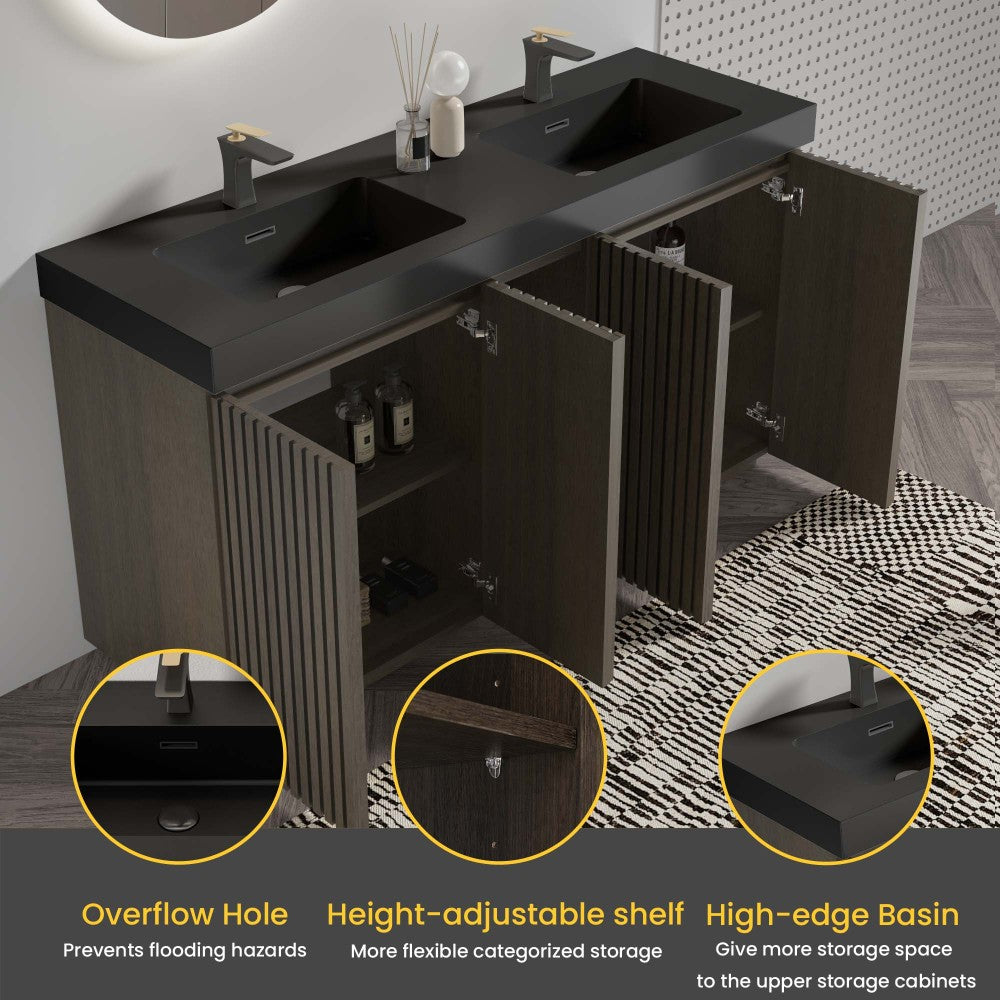 GALAN60F" Smoked Oak Bathroom Vanity with Sink, Large Storage Freestanding Bathroom Vanity for Modern Bathroom, One-Piece Black Sink Basin without Drain and Faucet, KD