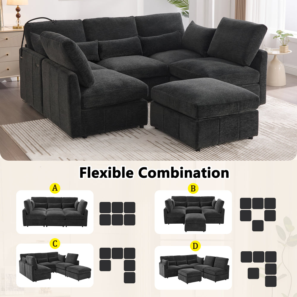 Modern Sectional Sofa Modular Sofa 85.4" U-shaped Sofa Couch Sofa Bed L-shaped Sofa with a Movable Ottoman and Two USB Ports and a Phone Holder for Living Room, Black