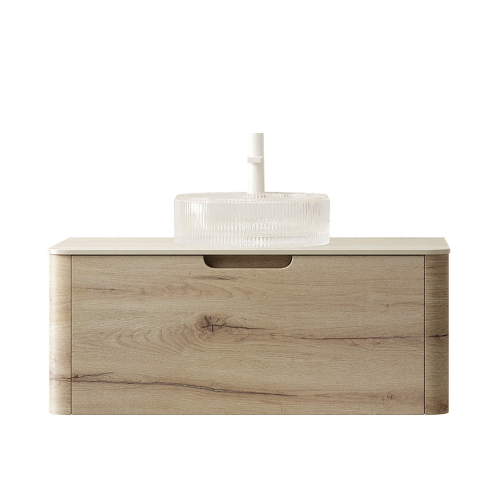 XAI 36" Bathroom Vanity with Sink, Floating Plywood Storage Cabinet with Drawer, Transparent Round Glass Basin and Roma Travertine-Pattern Sintered Stone Top, Pre-assembled, White Oak Woodgrain Color