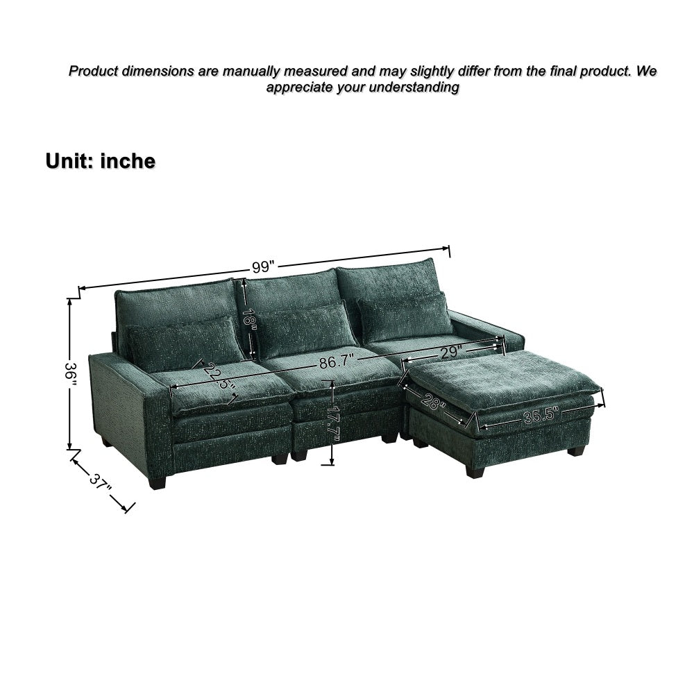 99'' Sectional Cloud Deep Seat Couch, Modern Comfy Chenille L Shaped Sectional Sofa for Living Room Set, Upholstered 4-Seats Sofa Couch with Movable Ottoman,Green