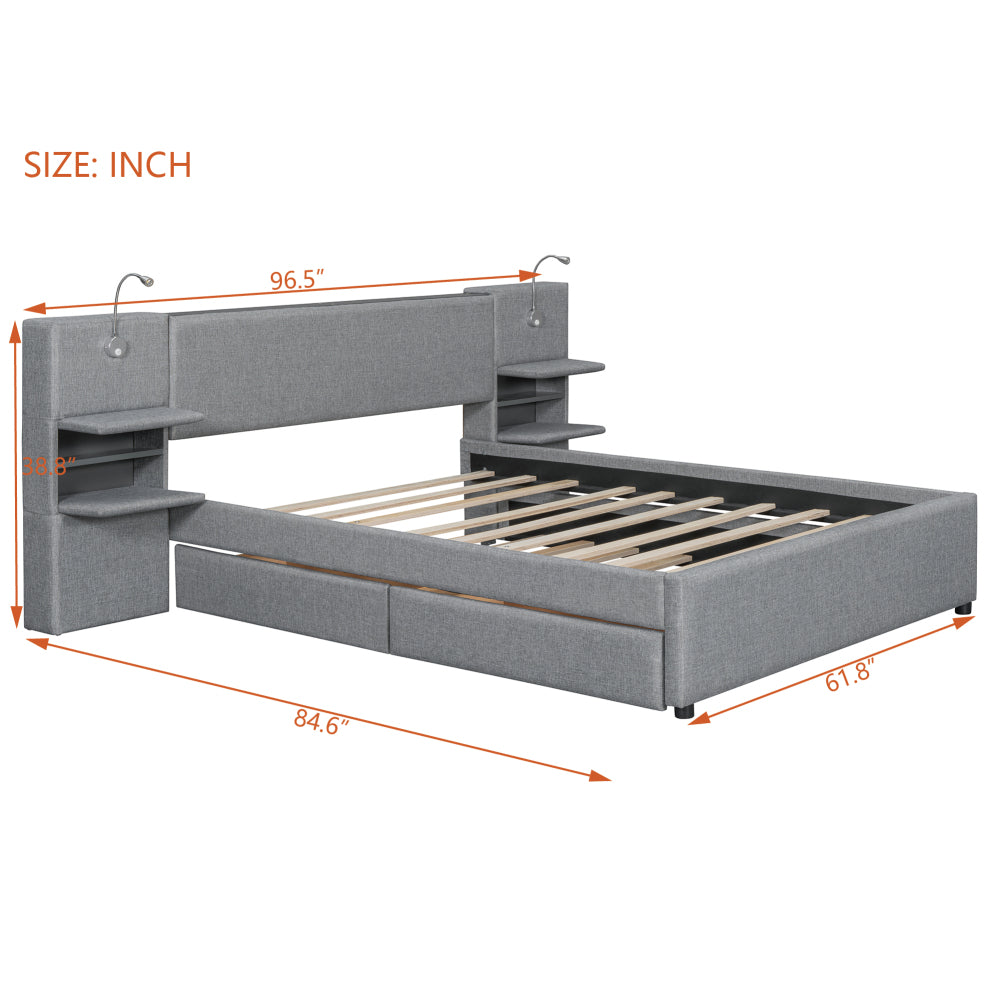 Queen Size Upholstered Platform Bed with Reading Lights, Drawers, Trundle and Shelves, Gray
