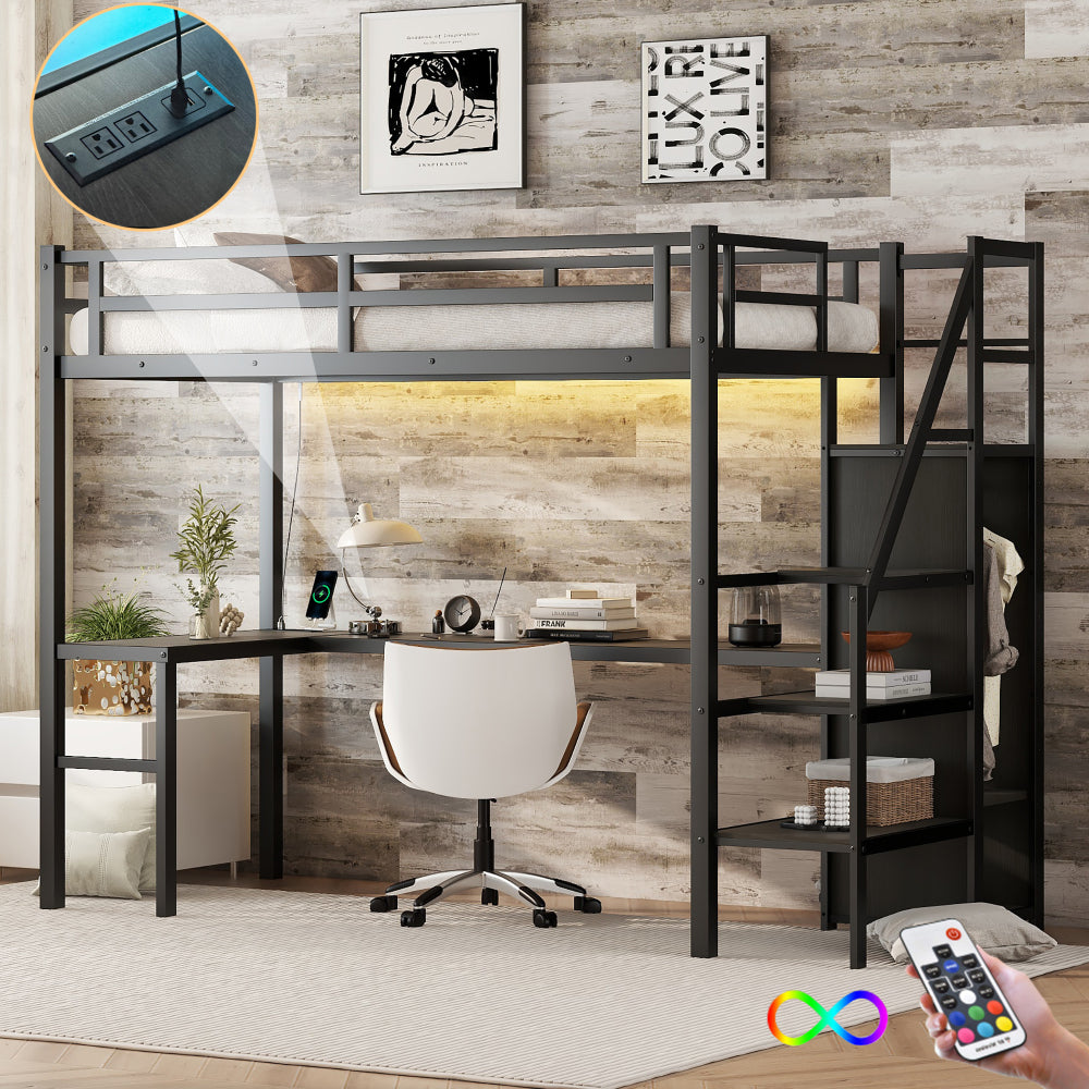 Queen Size Loft Bed with L-shaped Desk and USB, Metal Loft Bed with Wardrobe and Adjustable Shelf, High Loft Bed with LED for Kids Teens Adults, Wood-grain