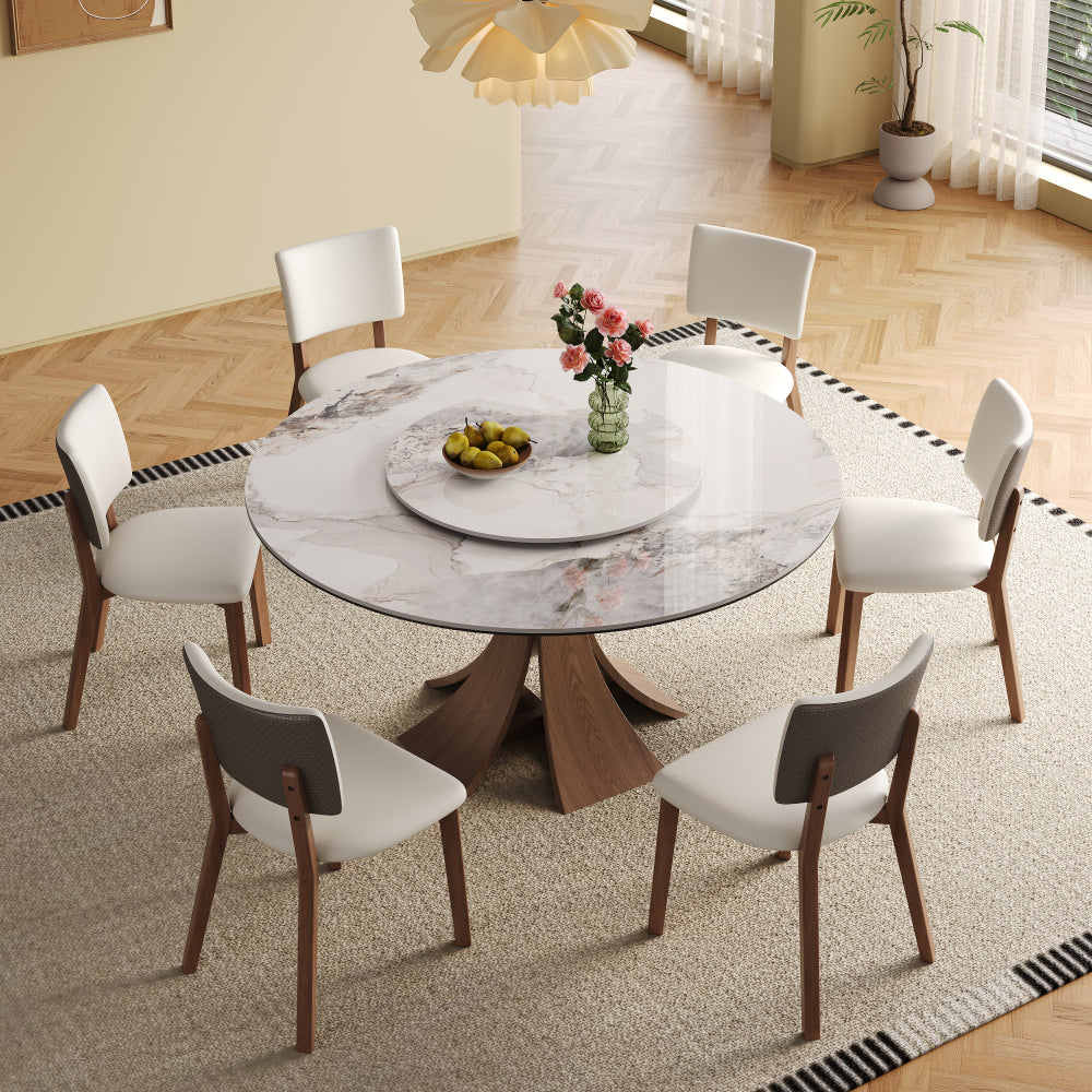 59-inch Modern Sintered Stone Dining Table, Equipped with a 35-Inch Round Turntable, Seating 6-8 People, with a Unique Walnut-colored Wooden Base