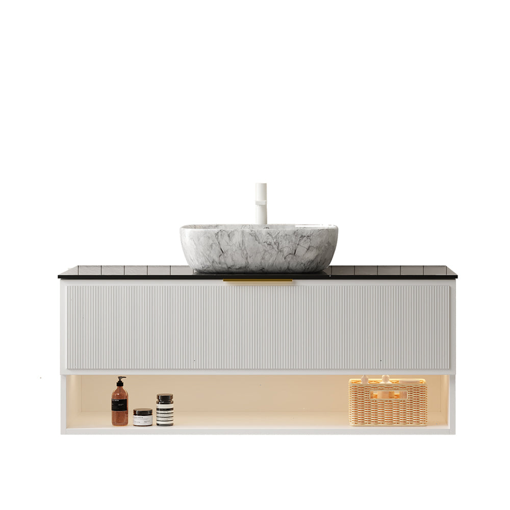 MALONE 48" Bathroom Vanity with Sink, Floating Plywood Storage Cabinet, 2 Pinstripe Drawers&Shelf, Sensor Light, Marble Pattern Ceramic Vessel Basin&Black Sintered Stone Top, Pre-assembled, White