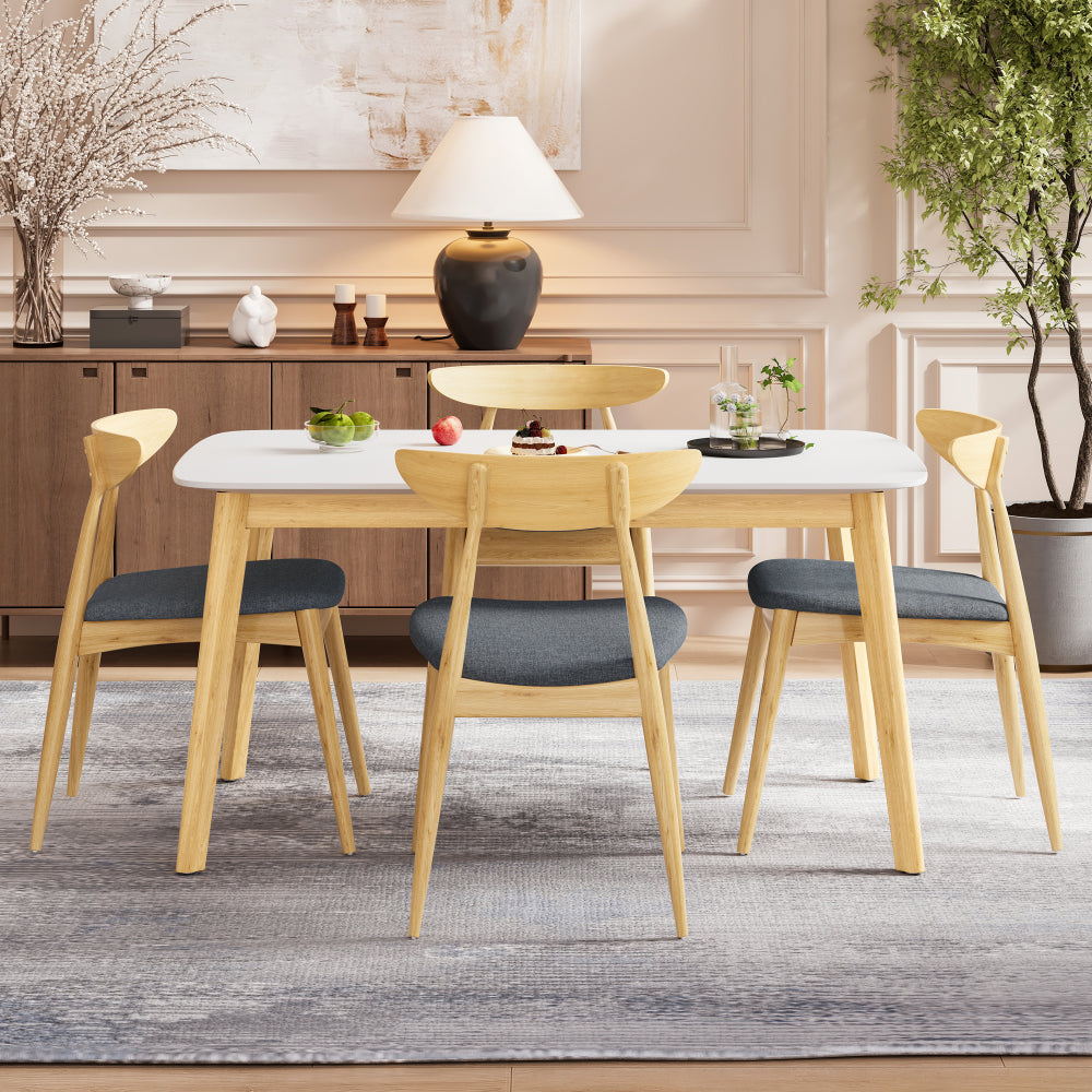 5-Piece Dining Set, 1 Table + 4 Chairs, Rubberwood Frame, Ergonomic Chairs & Faux Wood Table, Natural+Grey+White Oak