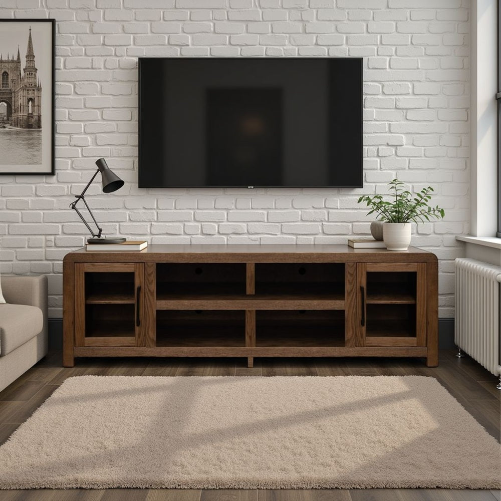 Haven 82 inch TV Stand with Glass Doors, for TVs up to 90 inches, No Assembly Required, Oak Bourbon Finish