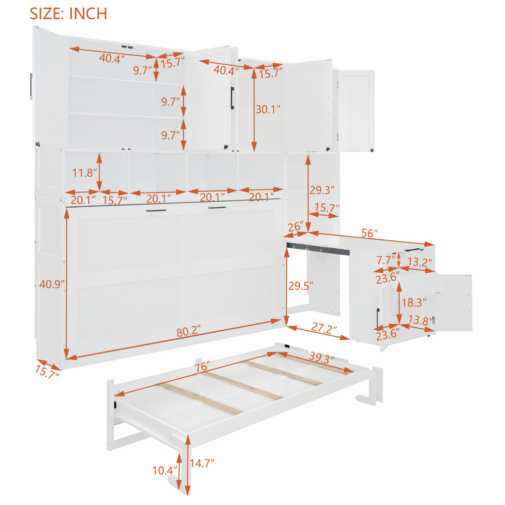 Twin Size Murphy Bed Wall Bed with Closet , Drawers & Desk-White