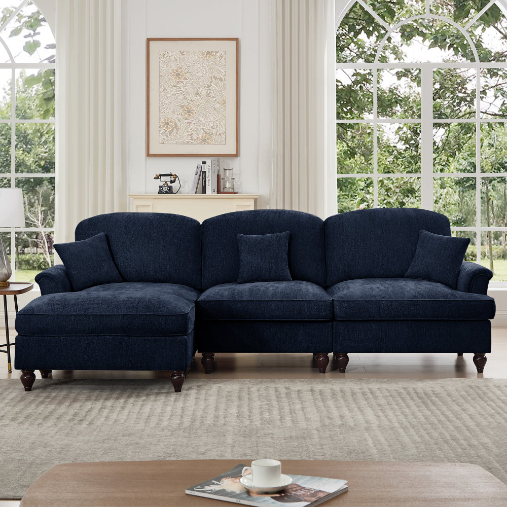 Mid Century Three Seater Modular L Shaped Sectional Couch with Flared Arms and Removable Ruffles Pleats Skirts and Spindle Legs, Comfy Chenille 3-Seat Deep Seat Sofa with Movable Ottoman,Blue
