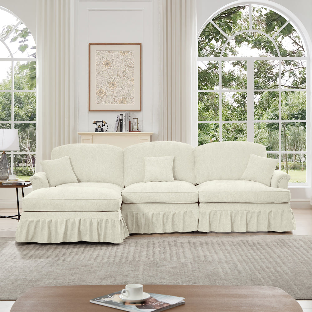 Mid Century Three Seater Modular L Shaped Sectional Couch with Flared Arms and Removable Ruffles Pleats Skirts and Spindle Legs, Comfy Chenille 3-Seat Deep Seat Sofa with Movable Ottoman,Blue