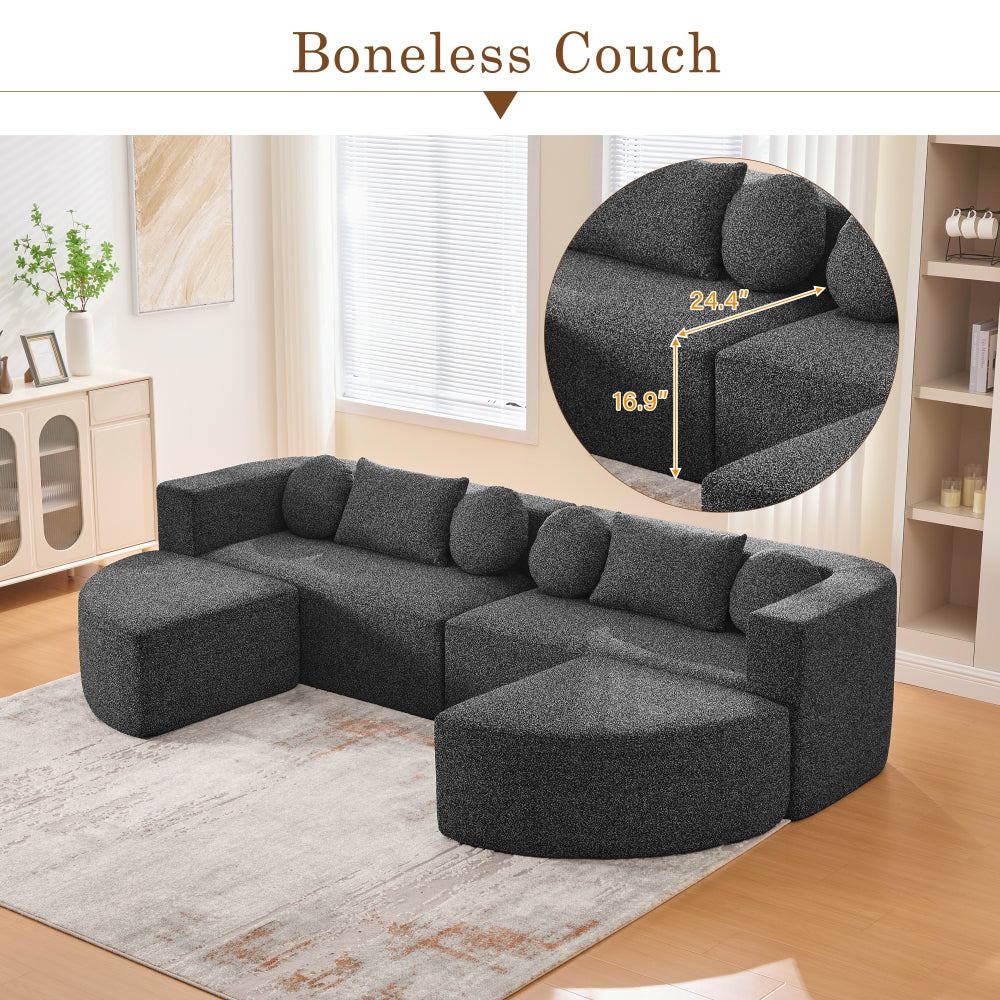 Boneless Couch Modular Sectional Sofa 114.9" Free-combined Sofa Couch Sofa Bed Compression Sofa with Deep Seating and Curved Design for Living Room, Black