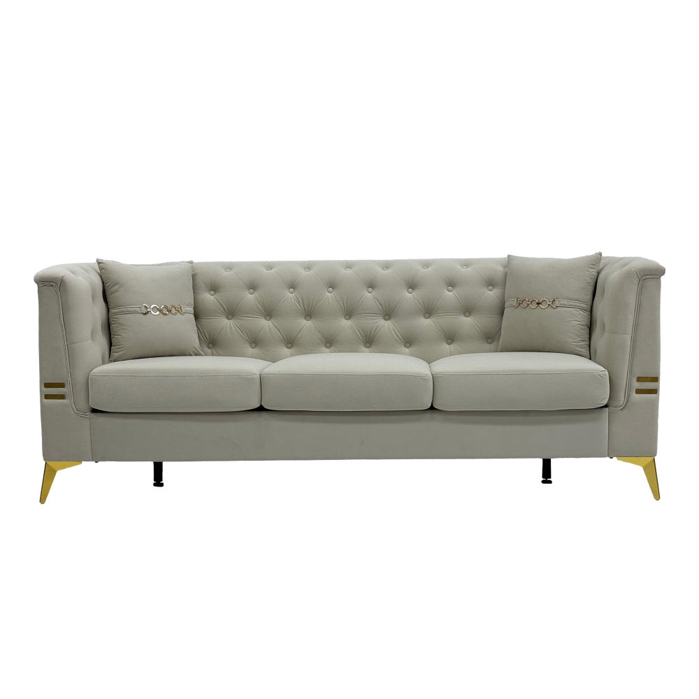 FX-P83-2PC SOFA -CW4 Modern Velvet Upholstered Sofa Set of 2, Cream White 3-Seater Sofas with Gold Metal Legs Contemporary Living Room Furniture for Family Homes, Apartments, and Lounge Spaces