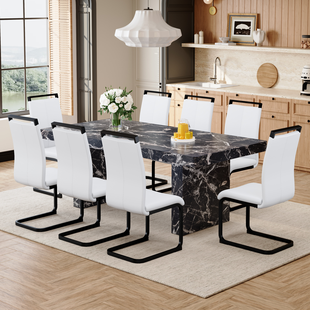 Table and chair set.78.7"*39.4"*29.9"inches MDF Luxurious Black Marble Pattern Dining Table,With a 3.5-inch thick tabletop.Paired with 10 Black PU Chairs With C-tube Black Metal Chair Legs.W1151S03925