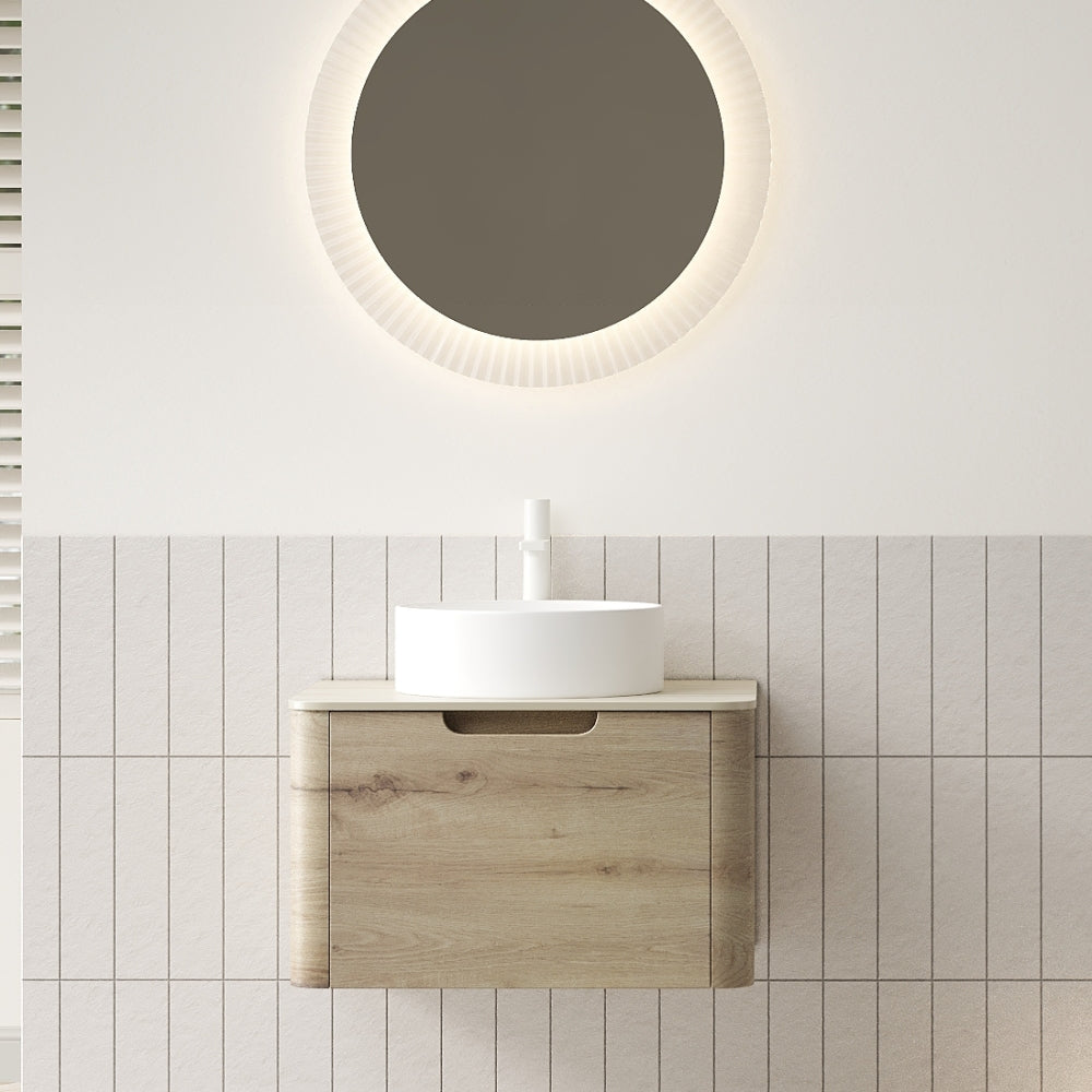 XAI 36" Bathroom Vanity with Sink, Floating Plywood Storage Cabinet with Drawer, Transparent Round Glass Basin and Roma Travertine-Pattern Sintered Stone Top, Pre-assembled, White Oak Woodgrain Color
