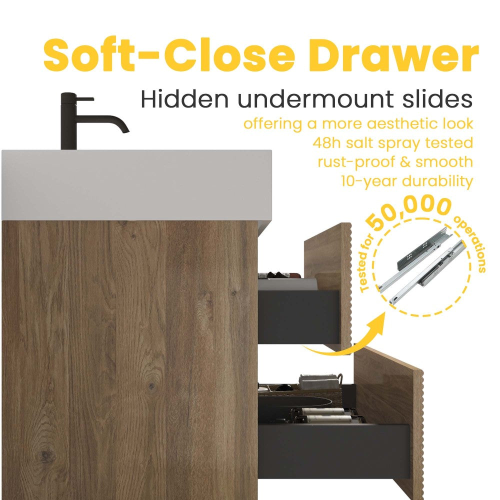 Grace 36" Rough Oak+Rough Oak Bathroom Vanity with White Engineered Quartz Sink and Soft Drawers, Wall Mounted Floating Bathroom Vanity for Modern Bathroom, One-Piece White Glossy Basin, KD