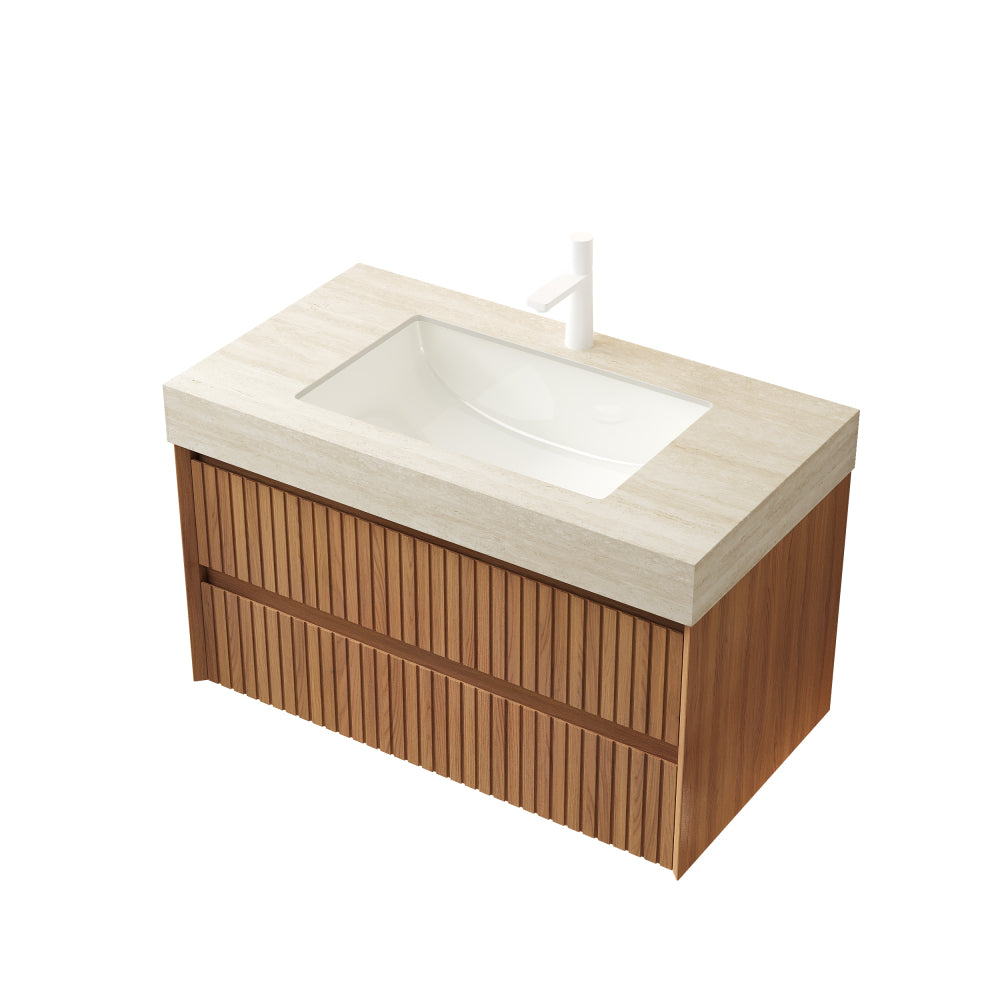 TILLEY 36" Bathroom Vanity&Sink, Floating Striped Plywood Storage Cabinet with 2 Drawers, Travertine-Pattern Sintered Stone Top with Ceramic Undermount Basin, Pre-assembled, Espresso Woodgrain Color