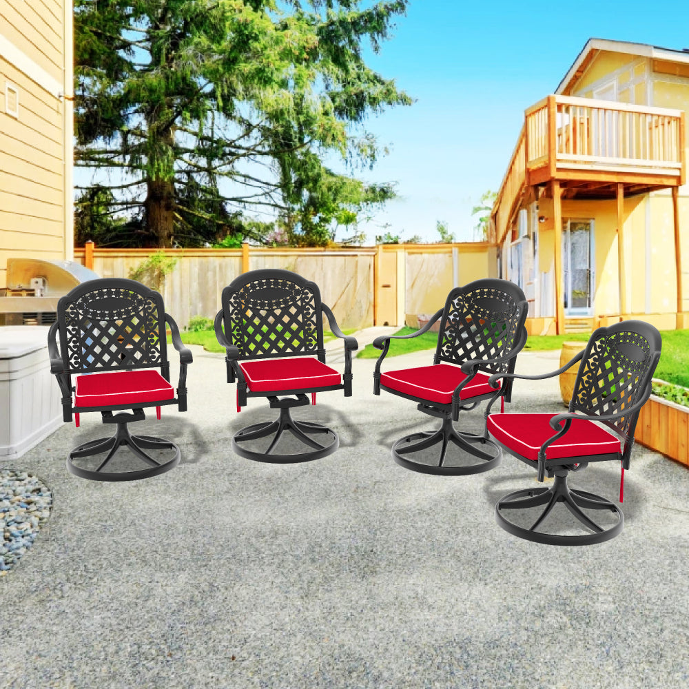 Cast Aluminum Patio Swivel Chair 4PCS With Black Frame and Brown Cushions