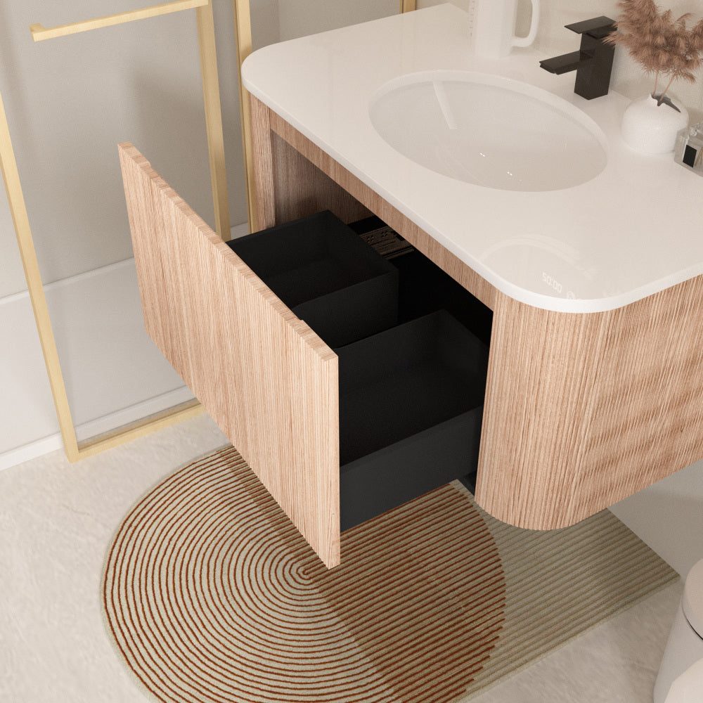 Arcora 36 Inch Wall Mounted Bathroom Vanity with Sink Curved Design, Wave Texture Wood Finish, Integrated Cultured Marble, Pre-Assembled, Modern Floating Vanity Cabinet with Soft Close Drawer