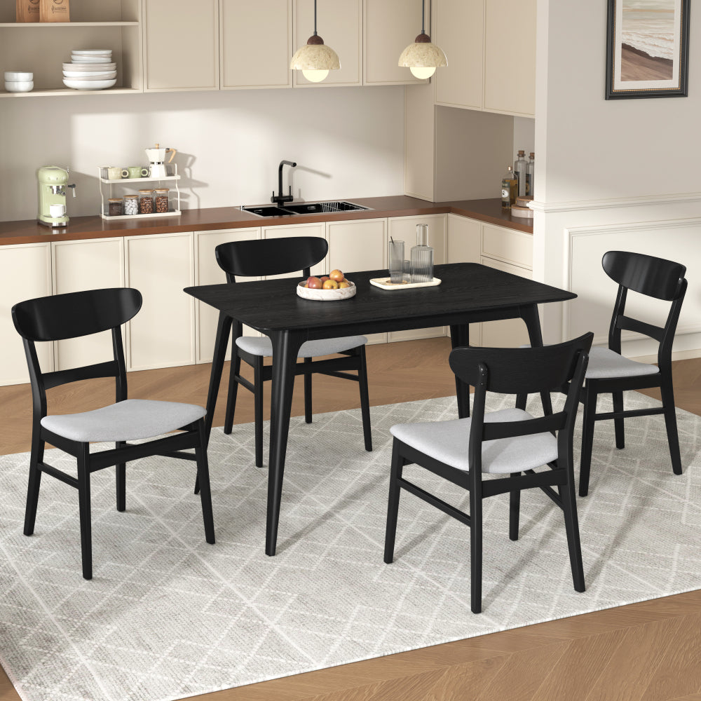 Mid-Century Modern 5-Piece Dining Set, Rubberwood Frame, One Table and 4 Upholstered Chairs, Black +Light Gray