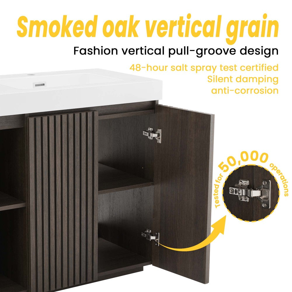 GALAN60F" Smoked Oak Bathroom Vanity with Sink, Large Storage Freestanding Bathroom Vanity for Modern Bathroom, One-Piece White Sink Basin without Drain and Faucet, KD