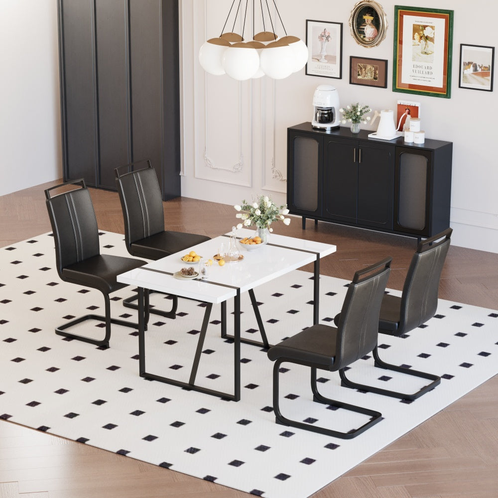55 "rural industrial rectangular MDF white dining table and 4 PU armless dining chair set, kitchen black metal table leg dining chair set