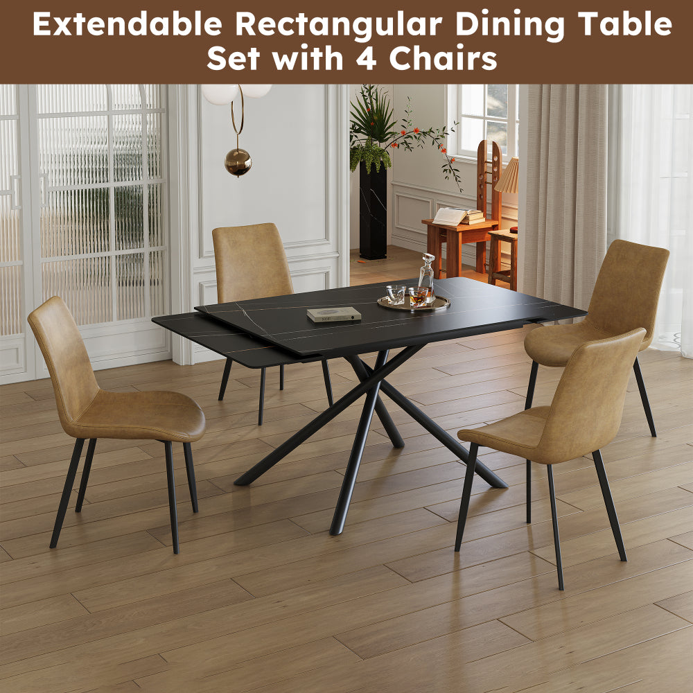 Retractable Sintered Stone Dining Table Set,It features a modern rectangular design, with black carbon steel table legs and a cross-leg structure at the bottom. (Table + 4 Chairs)