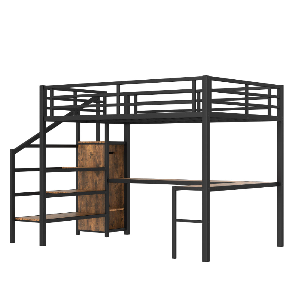 Queen Size Loft Bed with L-shaped Desk and USB, Metal Loft Bed with Wardrobe and Adjustable Shelf, High Loft Bed with LED for Kids Teens Adults, Wood-grain